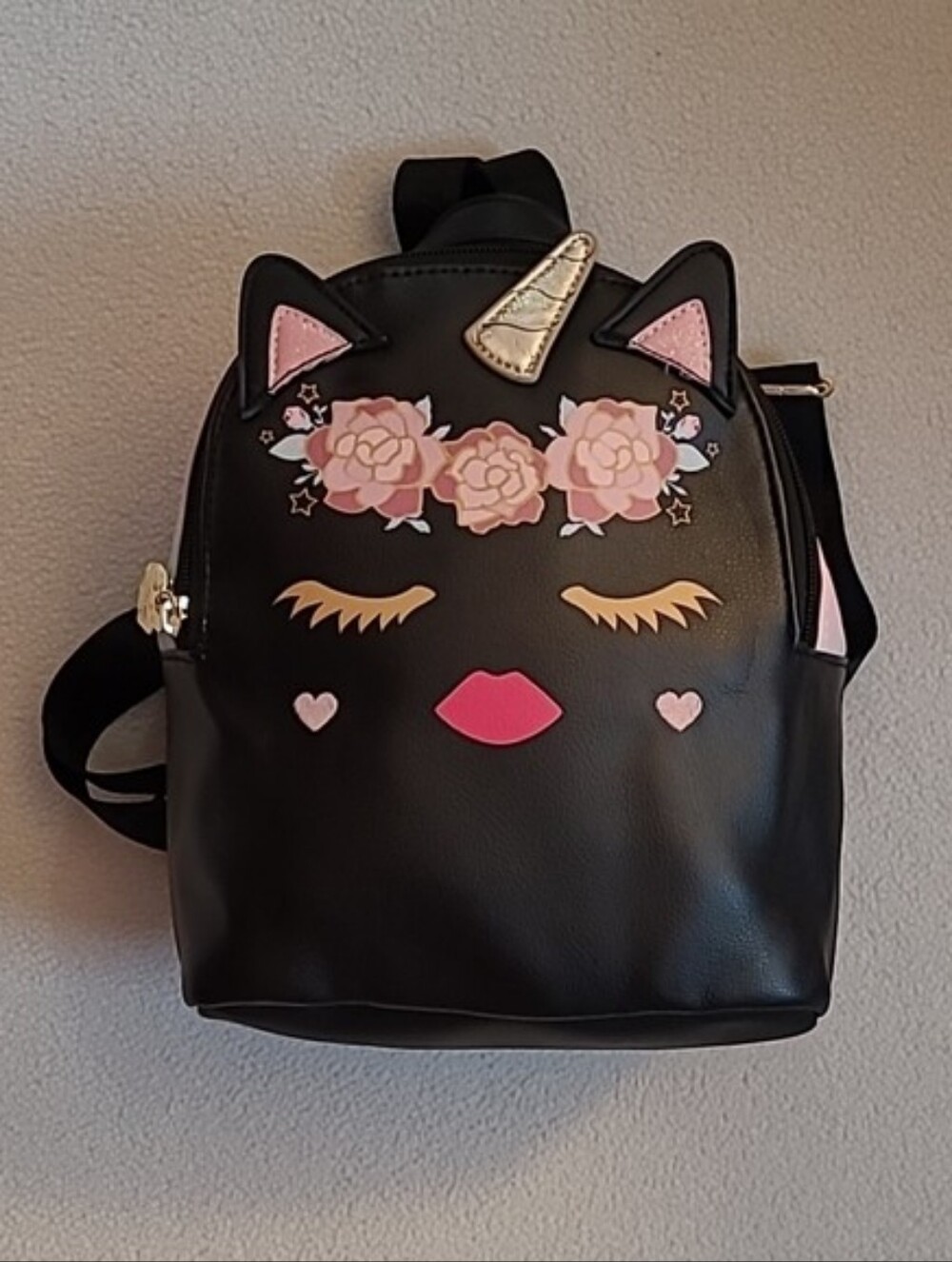Black Unicorn Floral Mini Backpack - Pink Accents